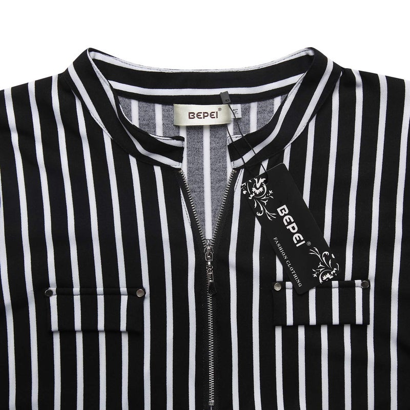BEPEI Striped Tunics for Women,3/4 Sleeve Floral Print Casual Button Up Tops Chiffon V-Neck Blouses Stylish Zip up Babydoll Shirts Dressy Business Work Clothes Professional Black White XL - Image 5